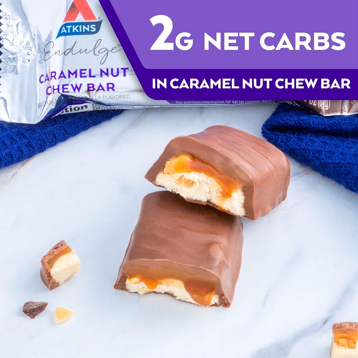 Endulge Caramel Nut Chew Bar, Dessert Favorite, 1G Sugar, Good Source of Fiber, 5 Count