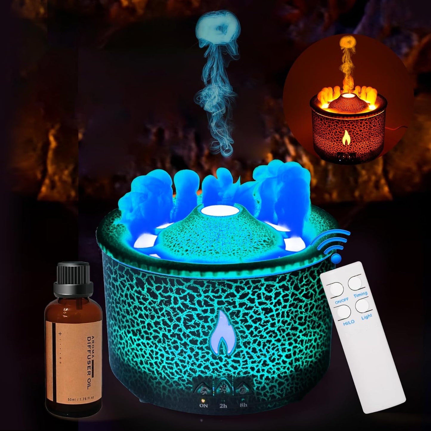 Aroma Essential Oil Diffuser 360 Ml,Volcano and Flame Diffuser/Humidifier,Give1.76 Oz Hotel Collection Essential Oils,Blue/Red Light Selection,Diffusers for Home,Large Room(Black Cracks)