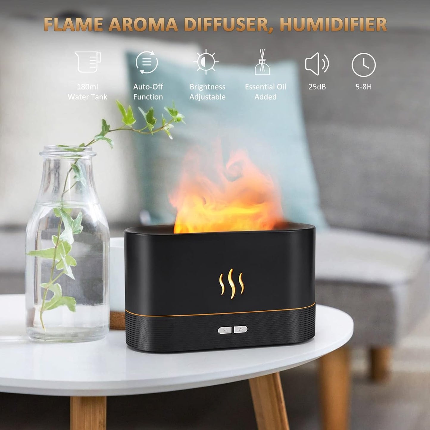 Flame Diffuser Humidifier-Auto off 180Ml Essential Oil Diffuser-2 Modes Brightness Aroma Humidifier with Fire Flame Effect for Home,Office,Spa,Gym(Black)