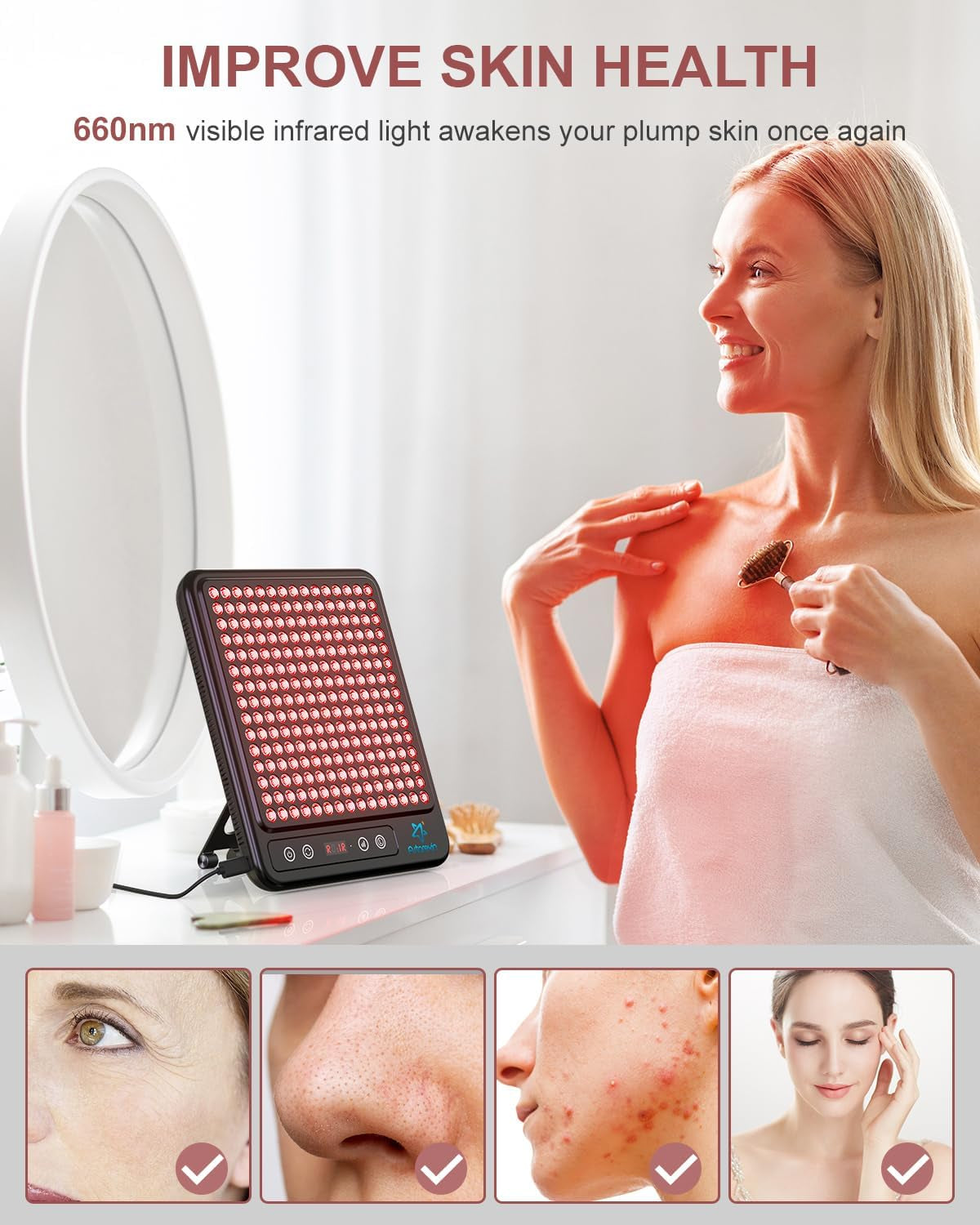 Red Light Therapy for Face, 225 Dual Chip Portable Red Light Therapy Panel Device with 660Nm Red Light & 850Nm near Infrared Light Lamp with Stand Timer for Body Face Pain Relief Skin Care (Black)