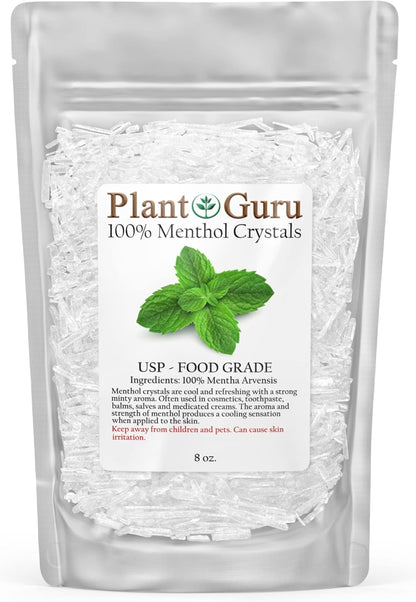 Menthol Crystals 8 Oz. Mentha Arvensis 100% Pure Natural USP Food Grade - Great for Cosmetics, Salves, Balms, Creams and Soap Making.