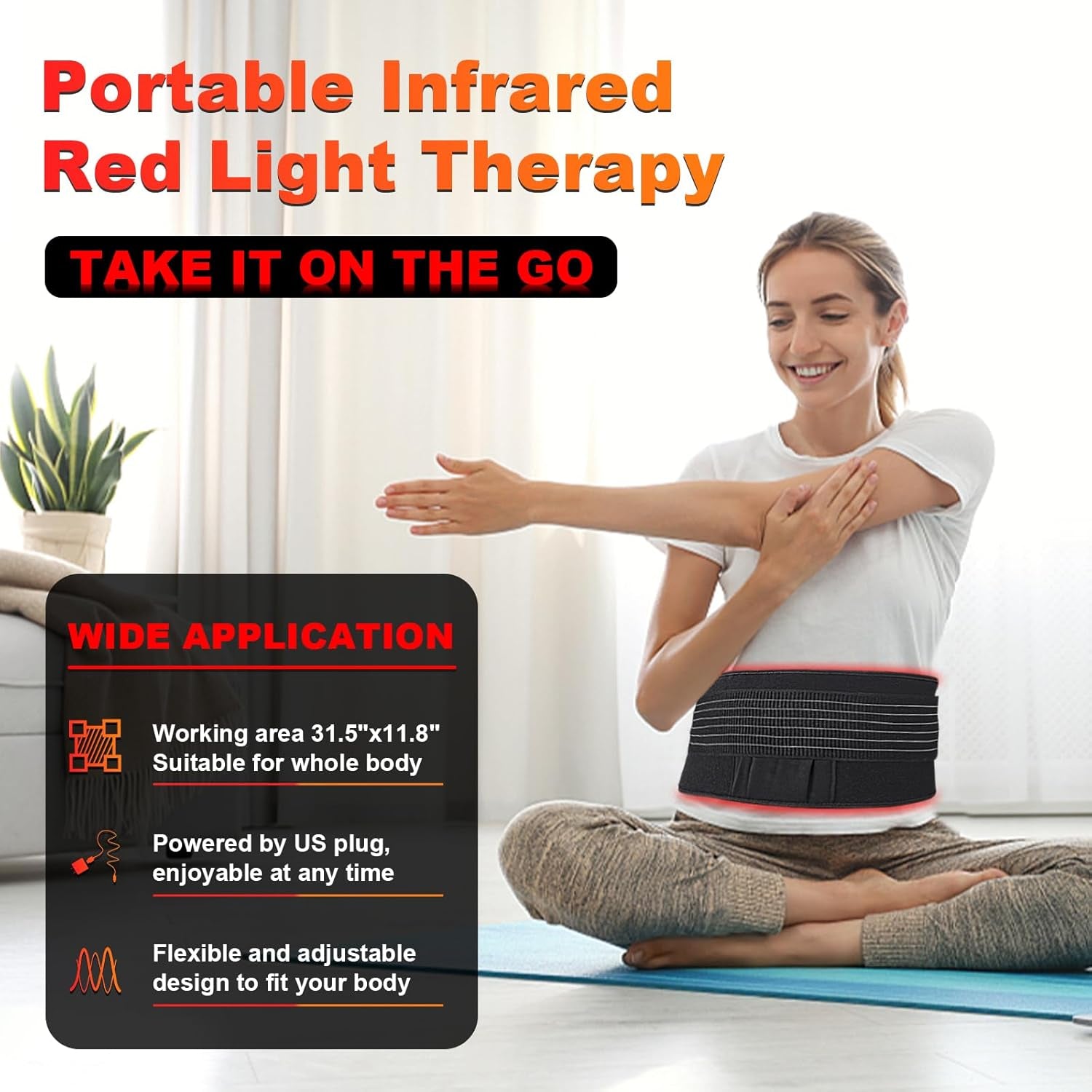 Red Light Therapy for Body Relieve Body Pain and Muscle Fatigue,Retractable Red Light Therapy Belt, Portable Infrared Light Therapy Device at Home Black （31.5X11.8Inch）