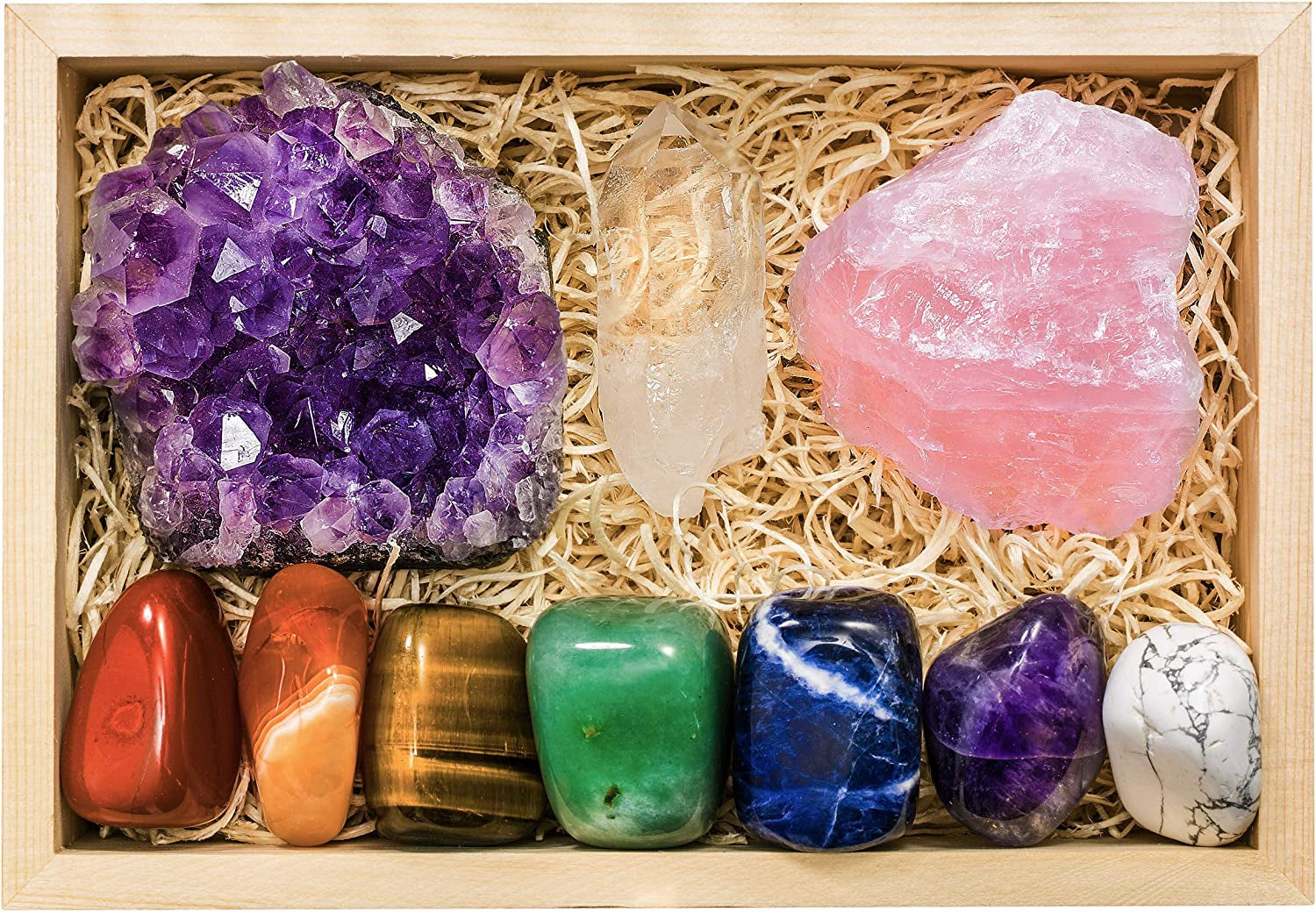 Large Premium Crystals and Healing Stones in Wooden Gift Box + 50Pg EBOOK – 7 Chakra Tumbled Gemstones, Amethyst Crystal, Rose Quartz, Quartz Crystal Point, and Info Guide, Made in U.S.A.