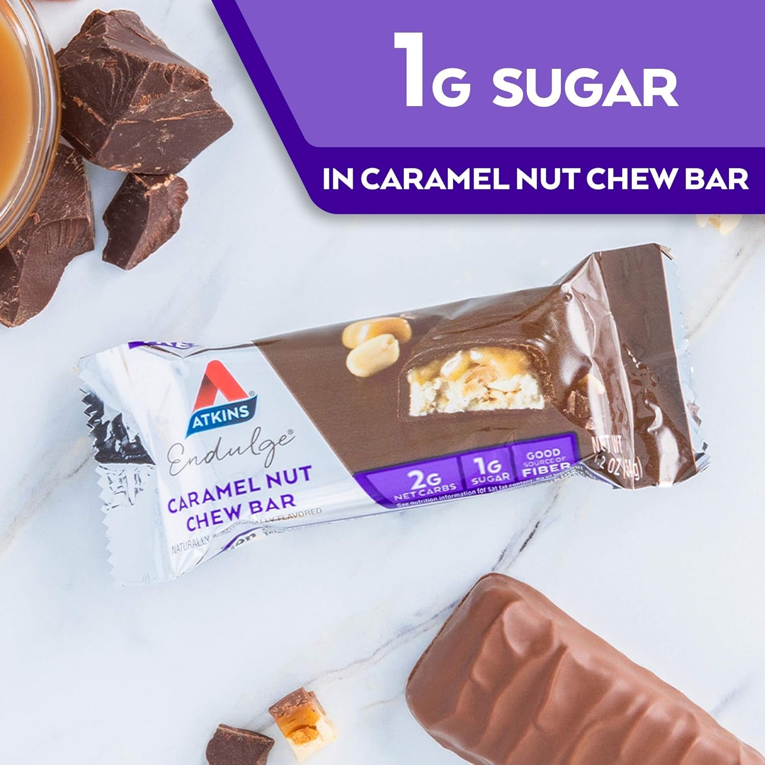 Endulge Caramel Nut Chew Bar, Dessert Favorite, 1G Sugar, Good Source of Fiber, 5 Count