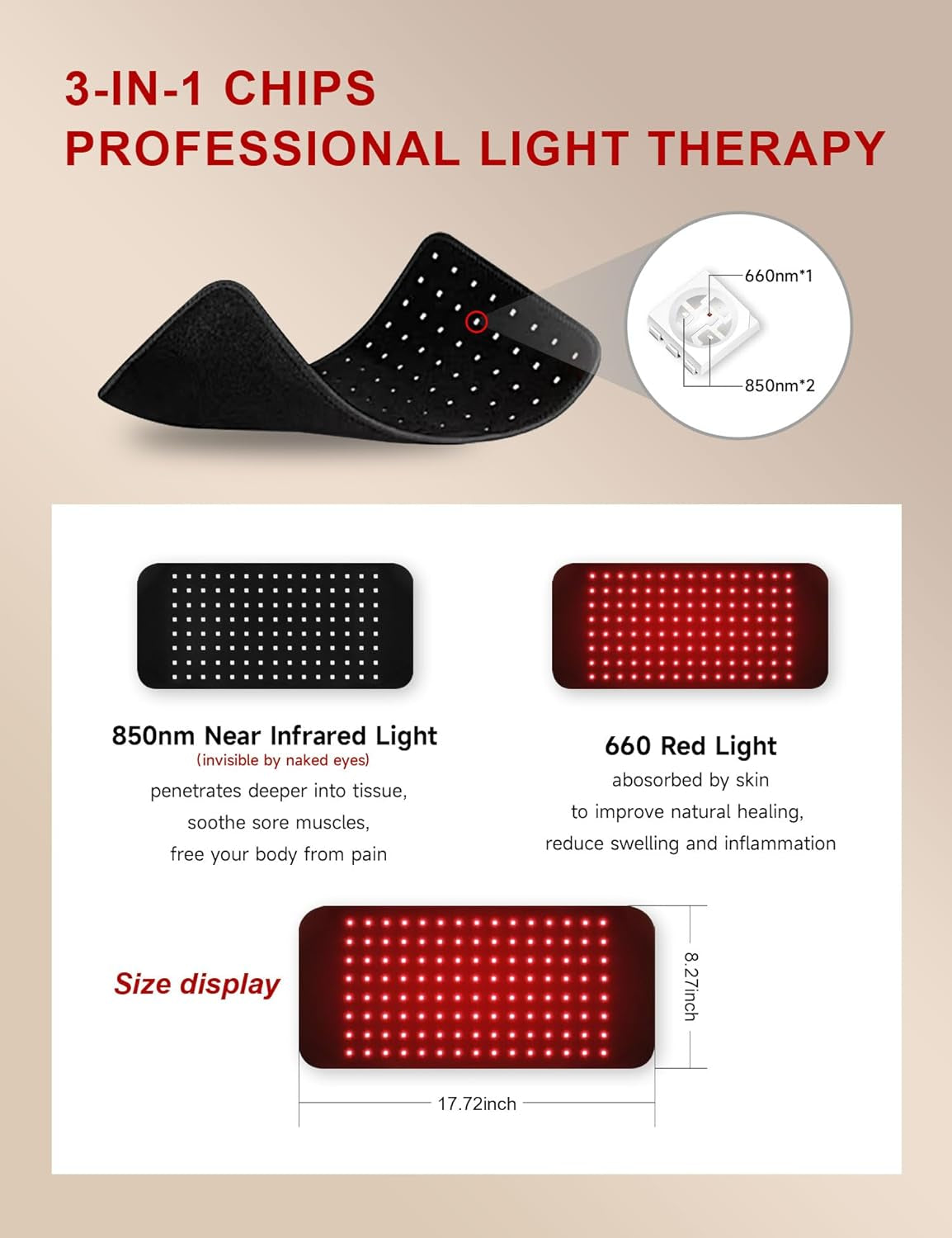 120 Leds Red Light Therapy Belt with 5 Levels Vibration Massage, Pulsed Controller Infrared Light Therapy Wrap for Body Waist Back Muscle Pain Relief, Improve Healing