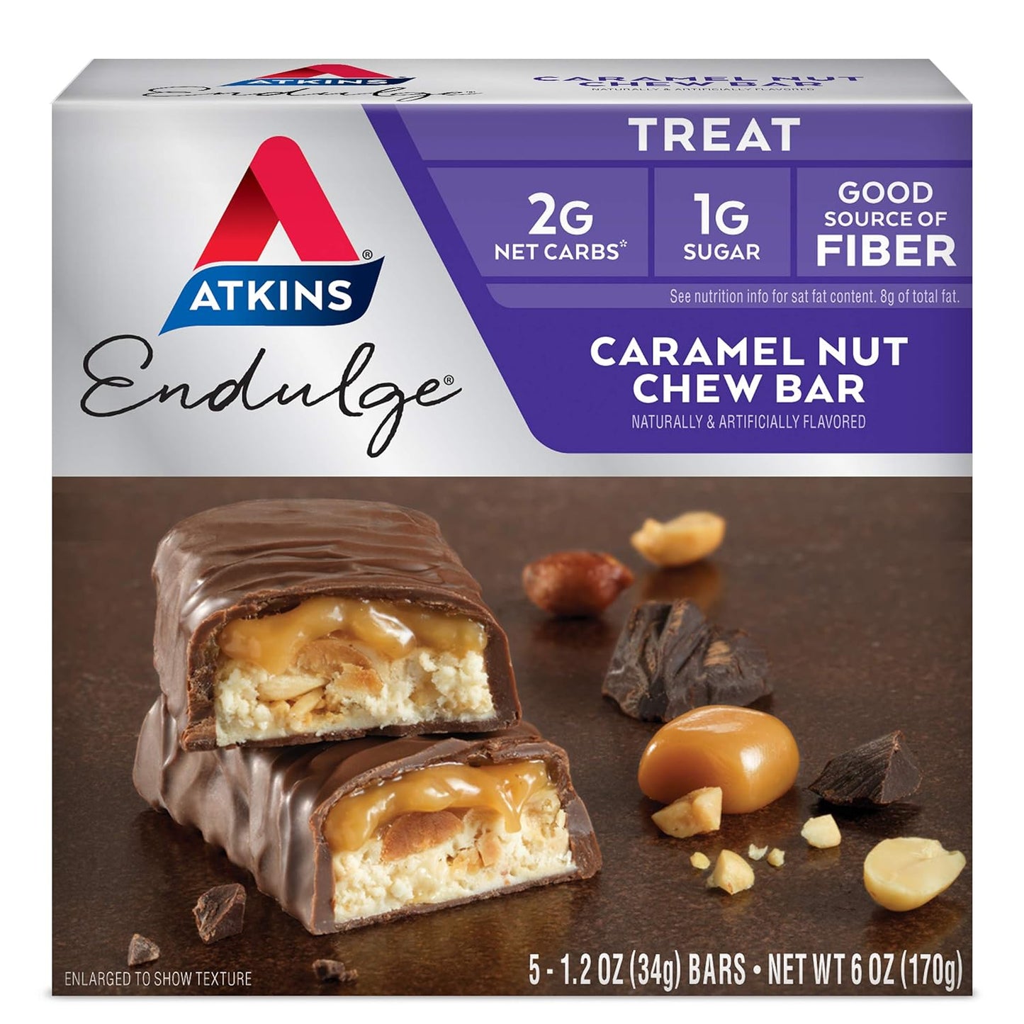 Endulge Caramel Nut Chew Bar, Dessert Favorite, 1G Sugar, Good Source of Fiber, 5 Count